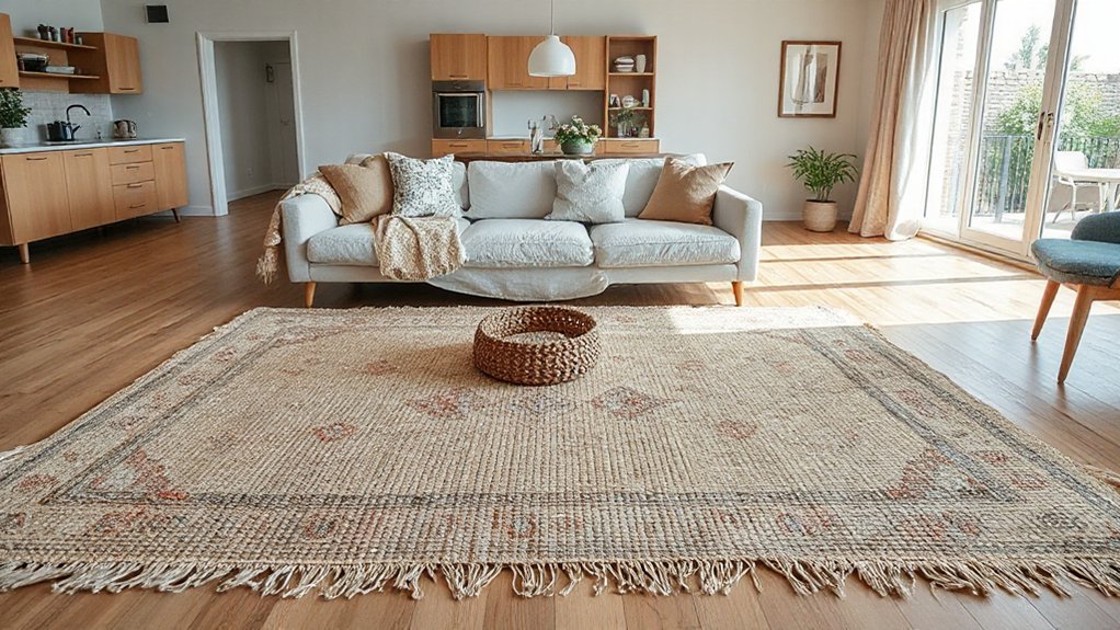 layered rugs define functional zones