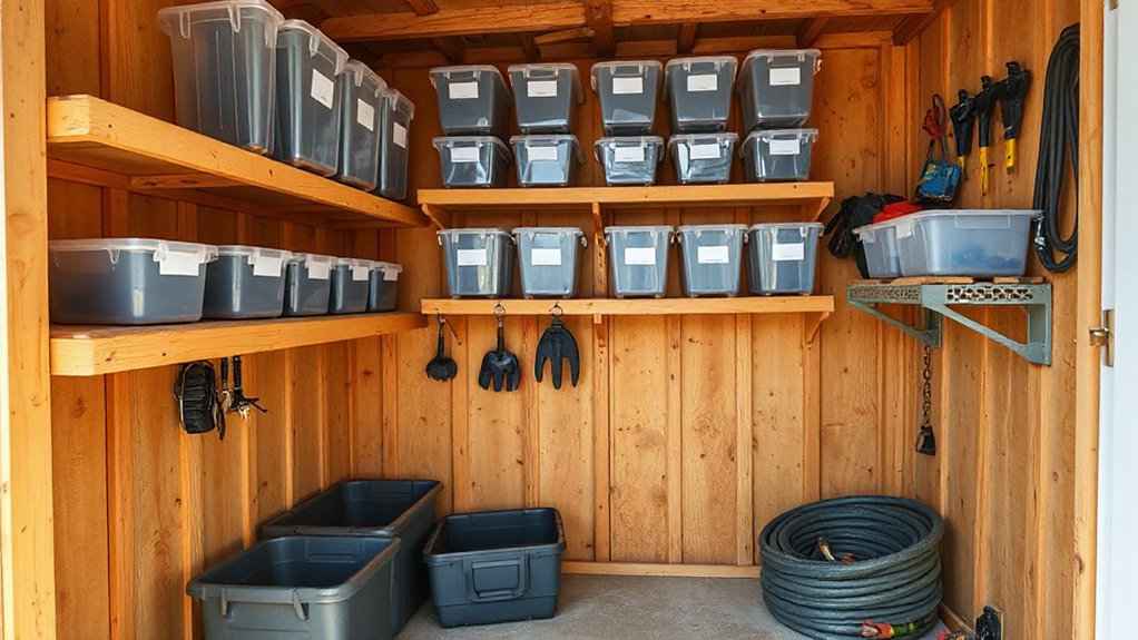 organized shed with labeled bins